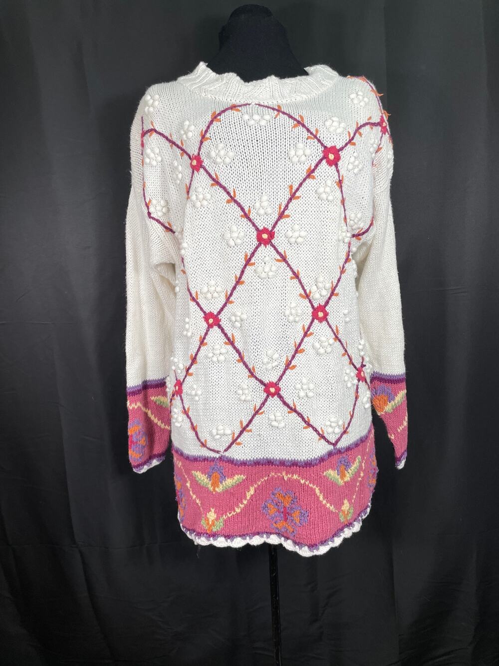 Vintage Yarn Works Long Sweater 90's Cream and Mauve Diamond Design with Flowers